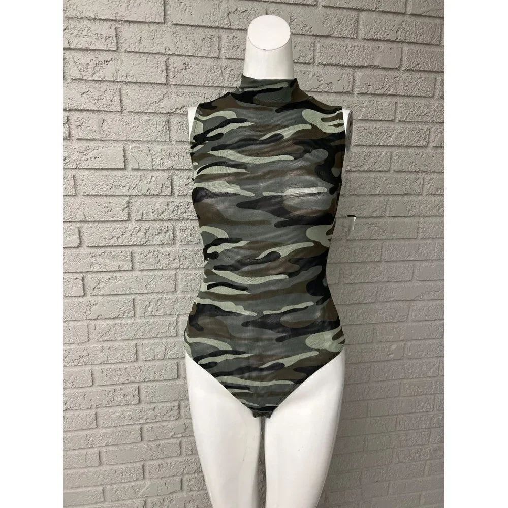 Derek Heart Women High Neck Mesh Camo Bodysuit Size S